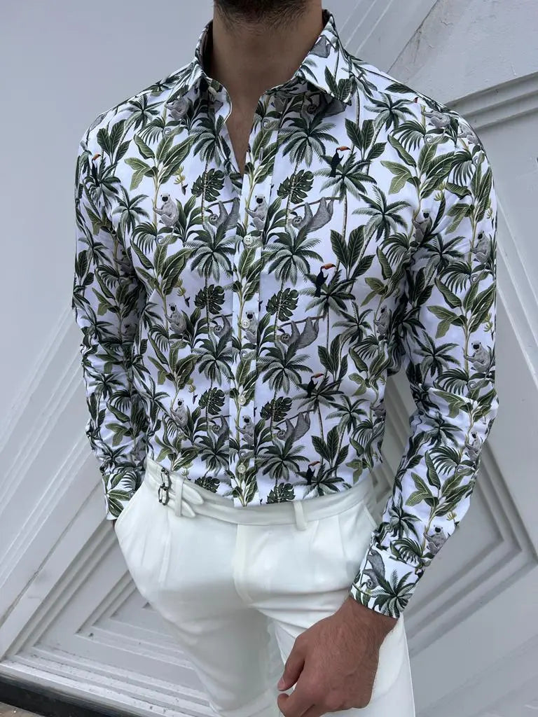 Brabion Lyon White Green Slim Fit Long Sleeve Tropical Cotton Shirt - BRABION