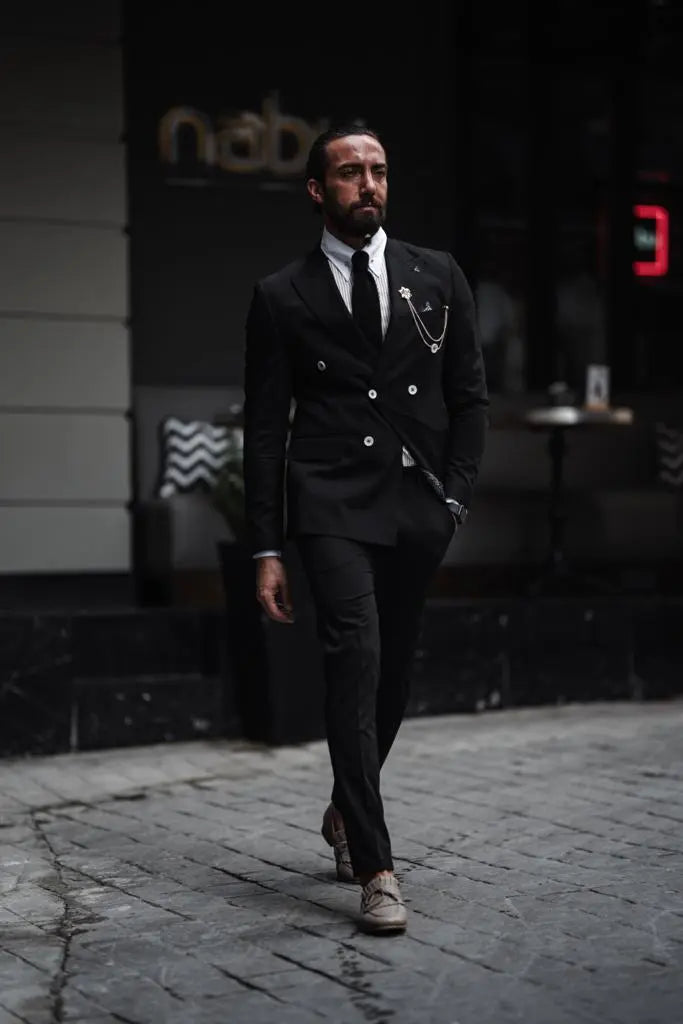 Evo Black Slim Fit Double Breasted Suit - Perfect for Any Occasion brabion