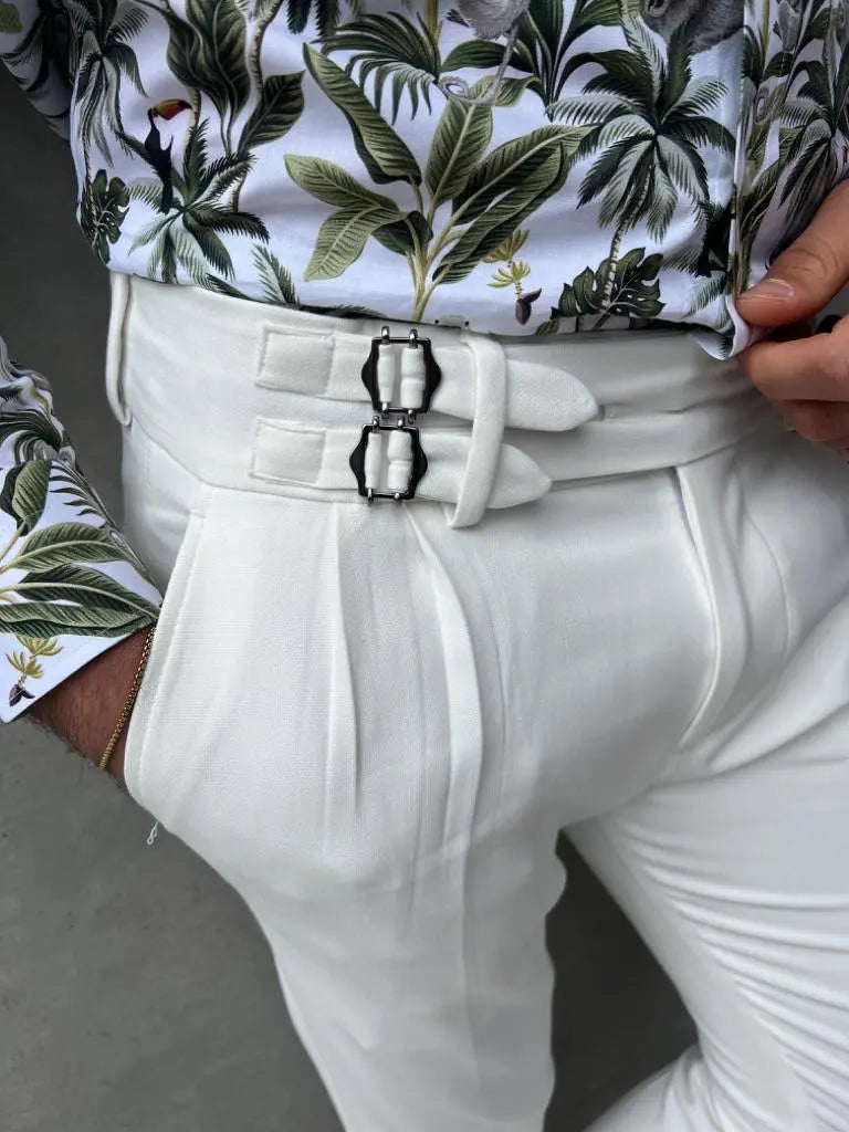 Lyon White Slim Fit Buckle Pants – Effortless Elegance - BRABION