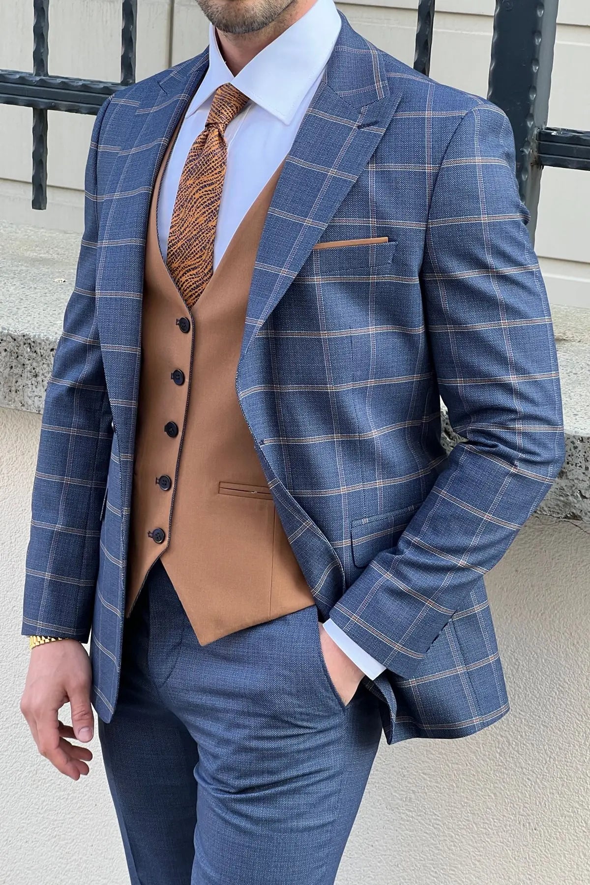Daniel Navy Blue and Camel Slim-Fit Suit: A Timeless Classic for Every Occasion brabion
