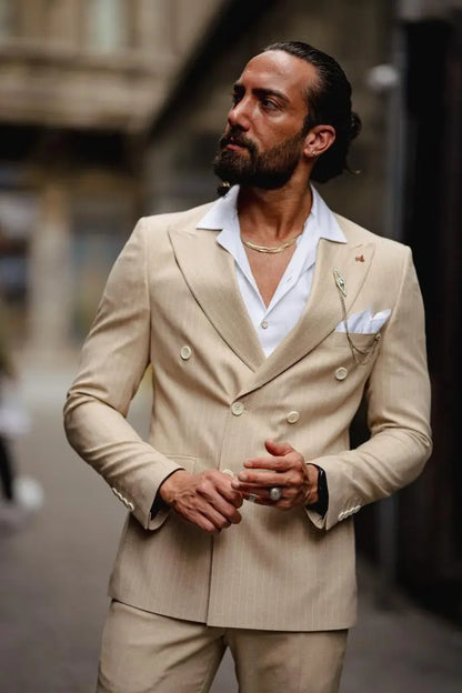 Evo Beige Slim Fit Double Breasted Pinstripe Suit brabion