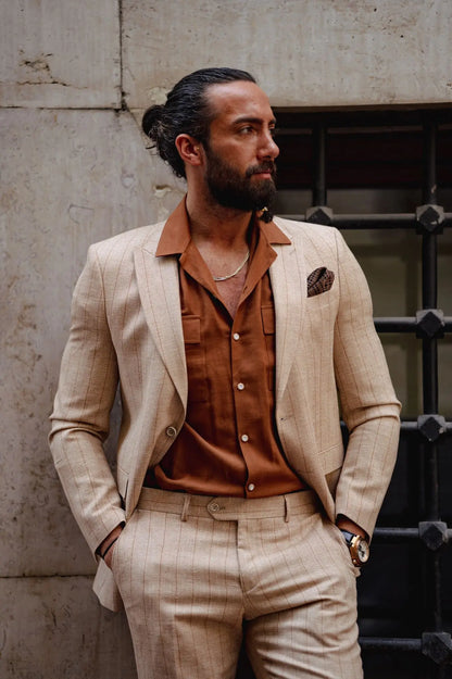 Evo Beige Slim Fit Pinstripe Suit brabion