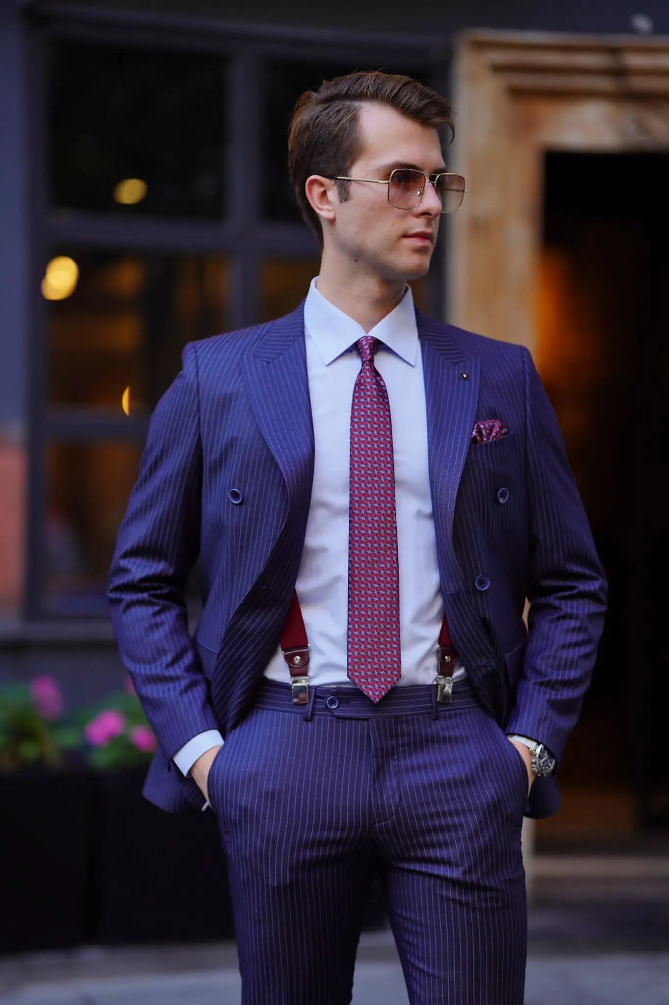 Vespo Pinstripe Navy Blue Double Breasted Suit for Modern Men brabion