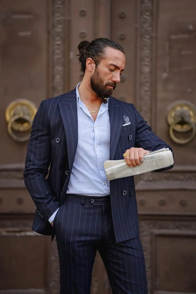 Evo Dark Blue Slim Fit Double Breasted Pinstripe Suit brabion
