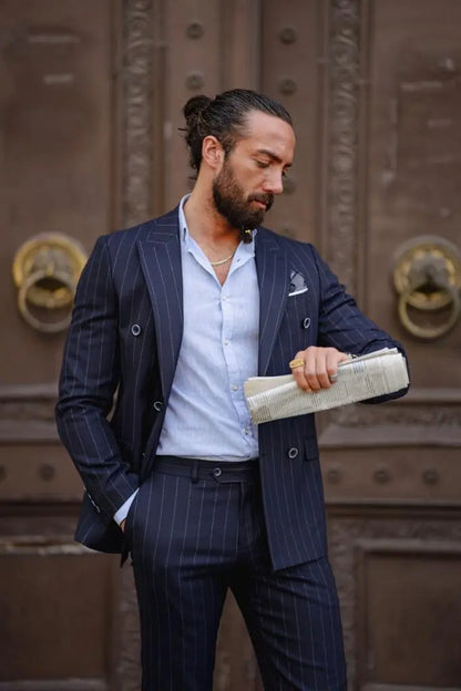 Evo Dark Blue Slim Fit Double Breasted Pinstripe Suit brabion