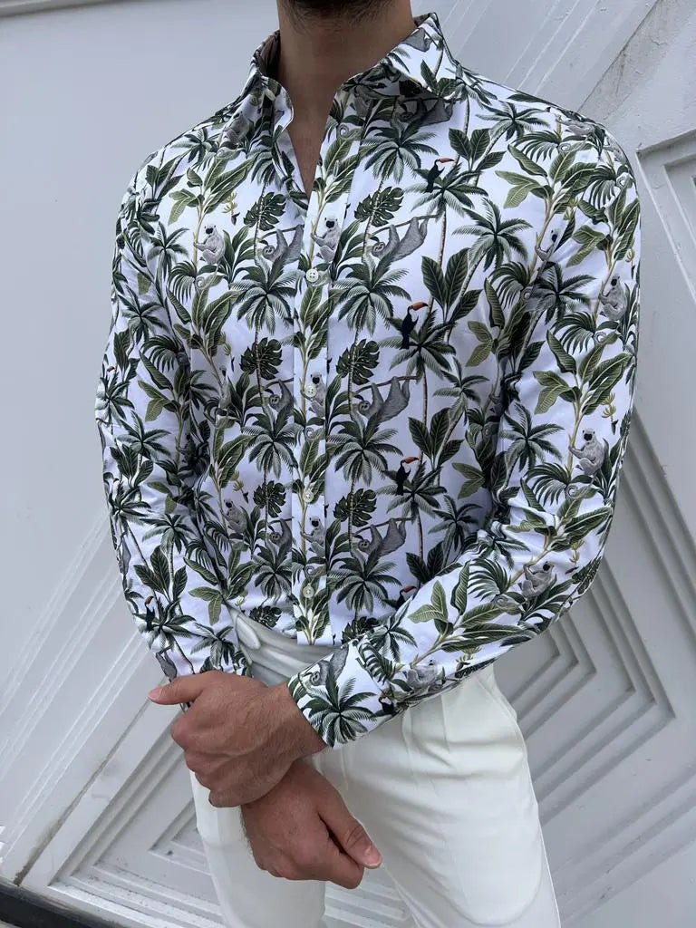 Brabion Lyon White Green Slim Fit Long Sleeve Tropical Cotton Shirt - BRABION