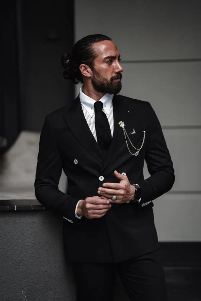 Evo Black Slim Fit Double Breasted Suit - Perfect for Any Occasion brabion