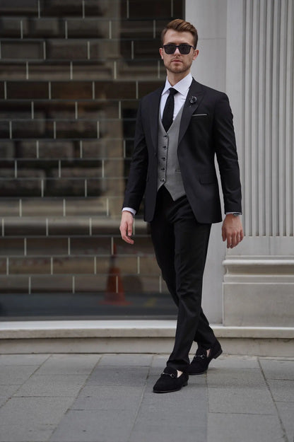 Daniel Black and Gray Wool Suit - Elegant Slim-Fit Three-Piece Ensemble brabion