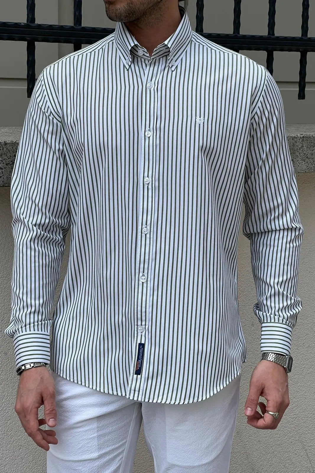 Brabion Daniel Striped White and Green Slim Fit Shirt - BRABION