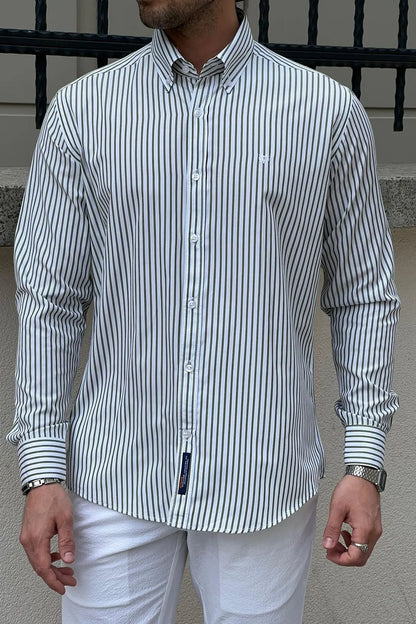Brabion Daniel Striped White and Green Slim Fit Shirt - BRABION