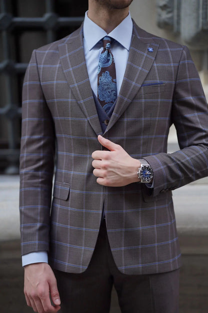 Daniel Plaid Brown Wool Suit - Elegant Three-Piece Slim-Fit Suit for Men brabion