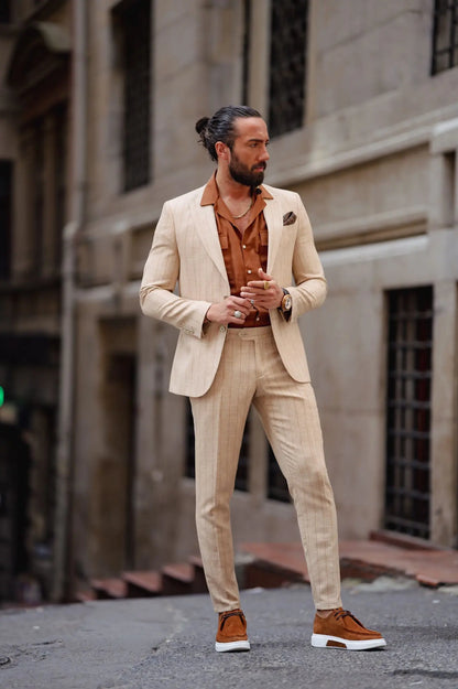 Evo Beige Slim Fit Pinstripe Suit brabion