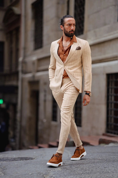 Evo Beige Slim Fit Pinstripe Suit brabion