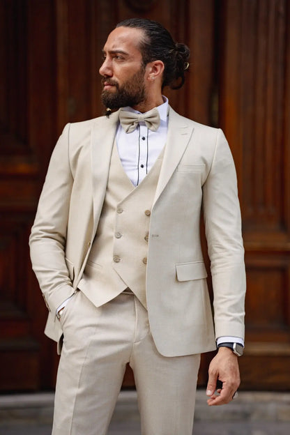 Daniel Beige Slim Fit Peak Lapel Tuxedo - BRABION