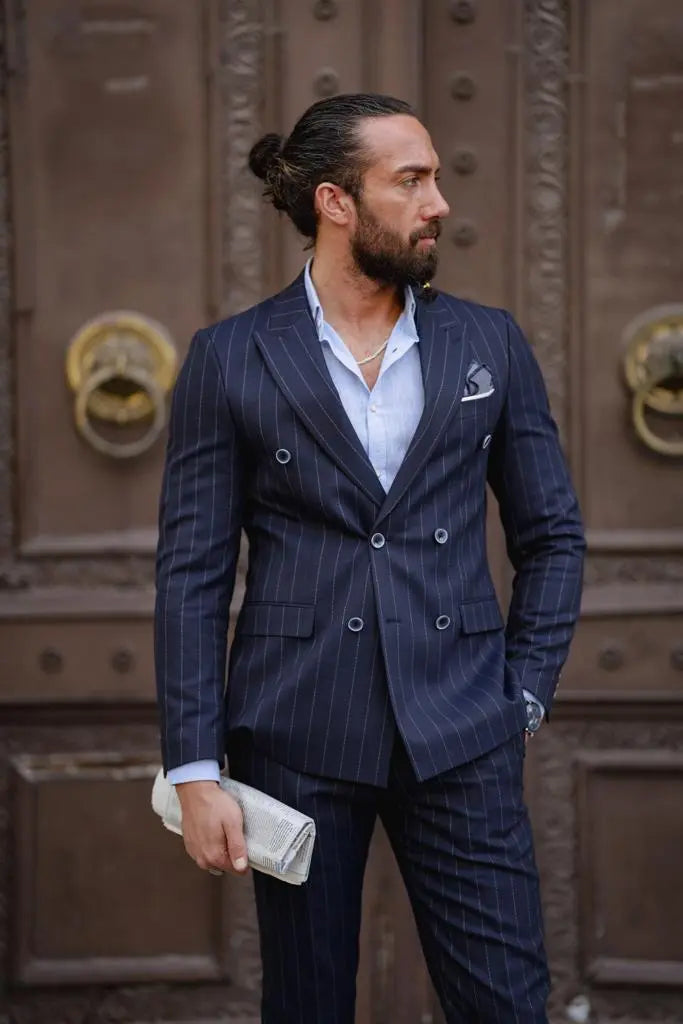 Evo Dark Blue Slim Fit Double Breasted Pinstripe Suit brabion