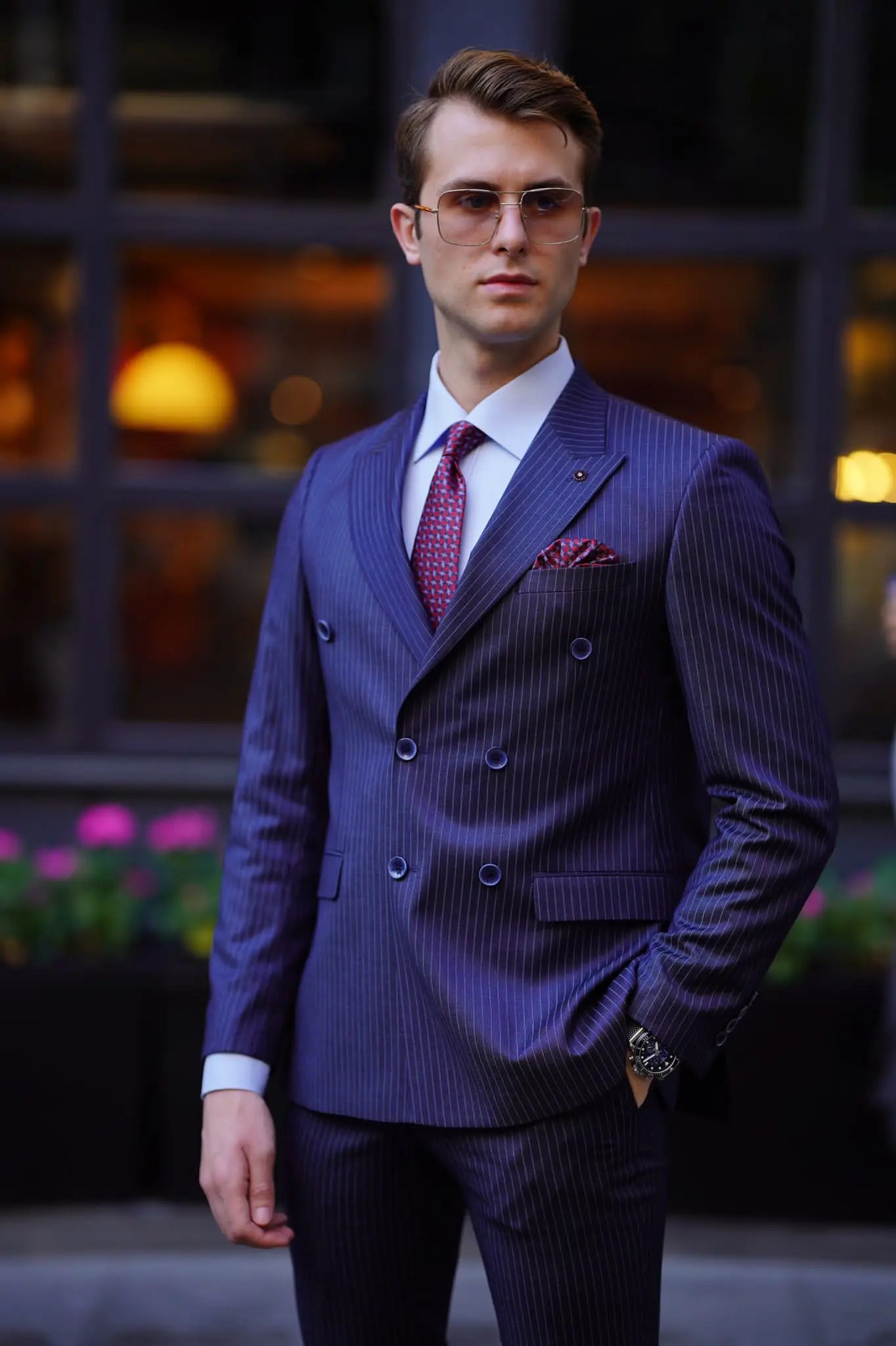 Vespo Pinstripe Navy Blue Double Breasted Suit for Modern Men brabion