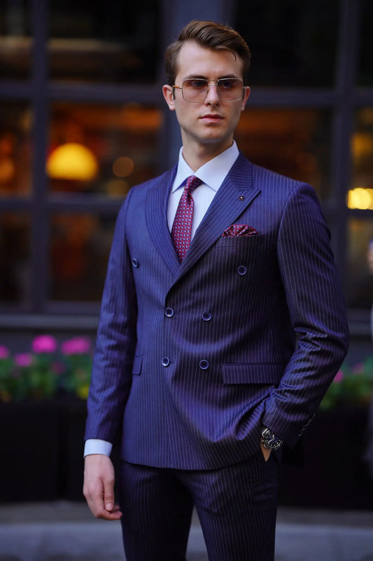 Vespo Pinstripe Navy Blue Double Breasted Suit for Modern Men brabion