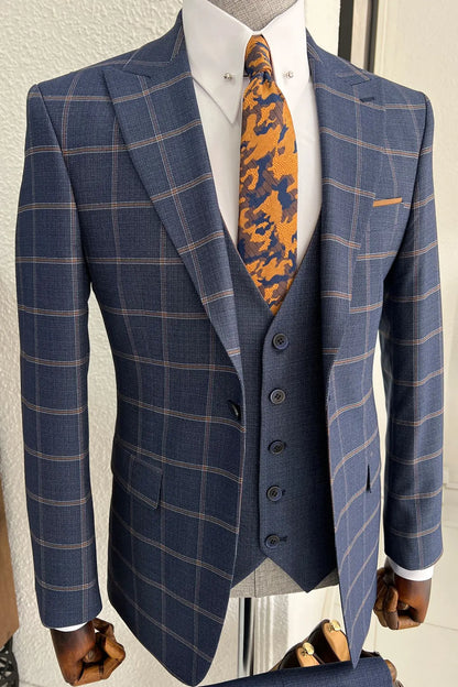 Daniel Patterned Navy-Blue Wool Slim-Fit Suit brabion
