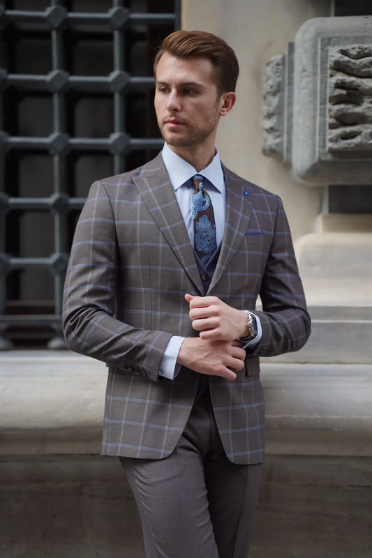 Daniel Plaid Brown Wool Suit - Elegant Three-Piece Slim-Fit Suit for Men brabion
