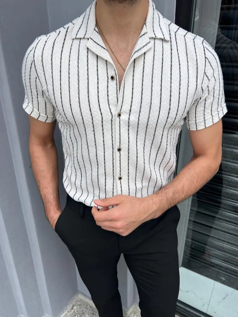 Brabion Lyon White Slim Fit Short Sleeve Striped Cotton Shirt - BRABION