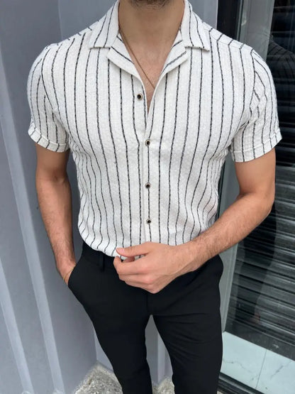 Brabion Lyon White Slim Fit Short Sleeve Striped Cotton Shirt - BRABION