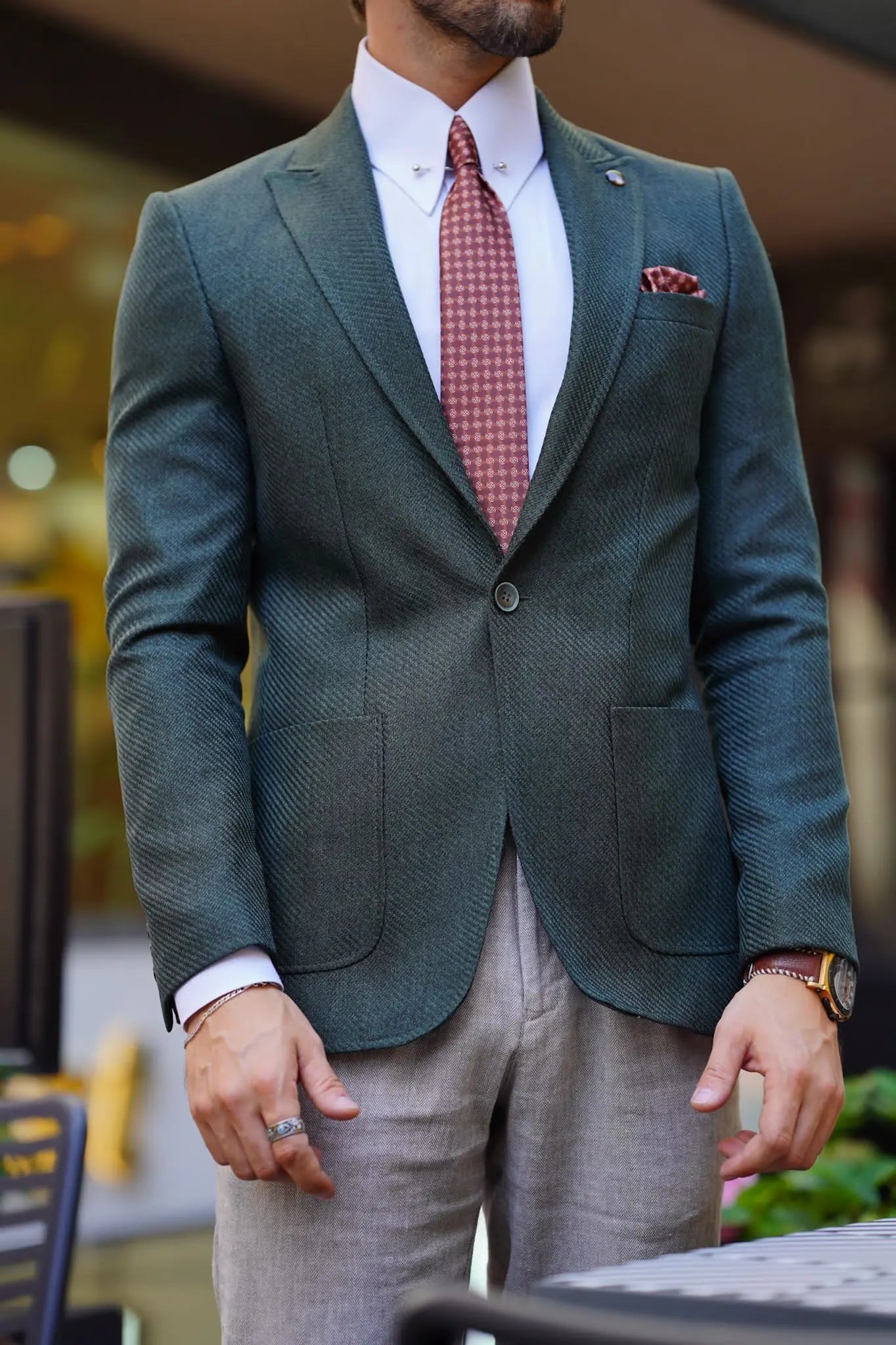 Vespo Self-Patterned Khaki Slim Fit Blazer - BRABION