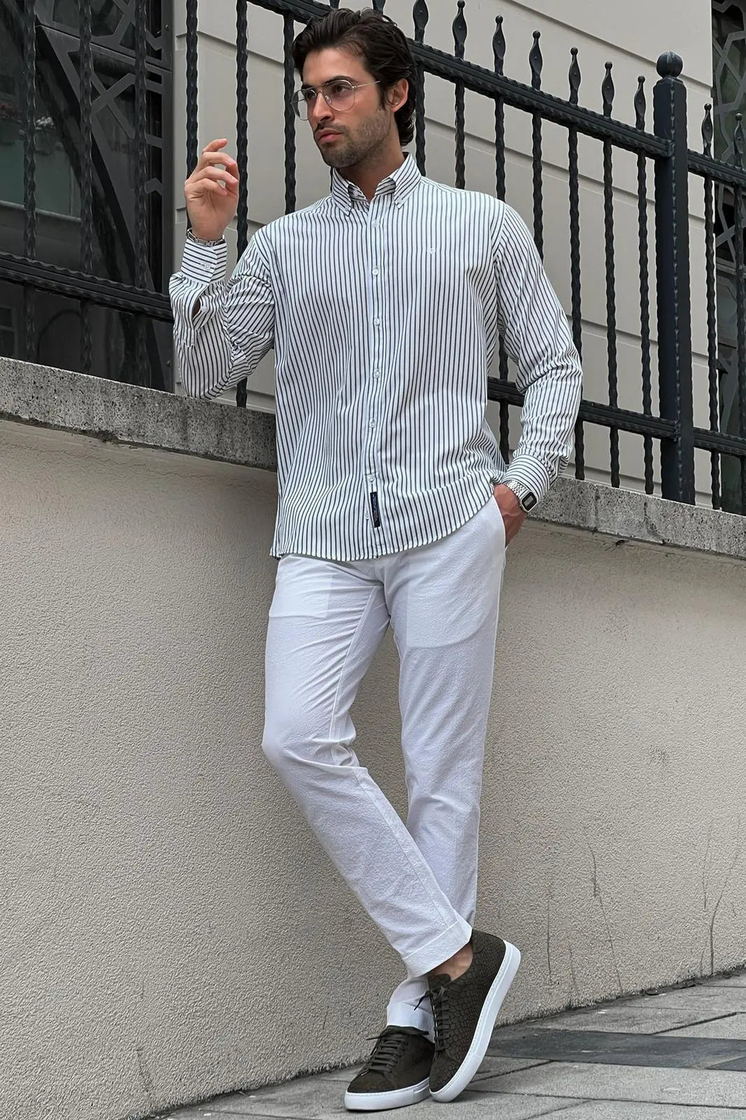 Brabion Daniel Striped White and Green Slim Fit Shirt - BRABION