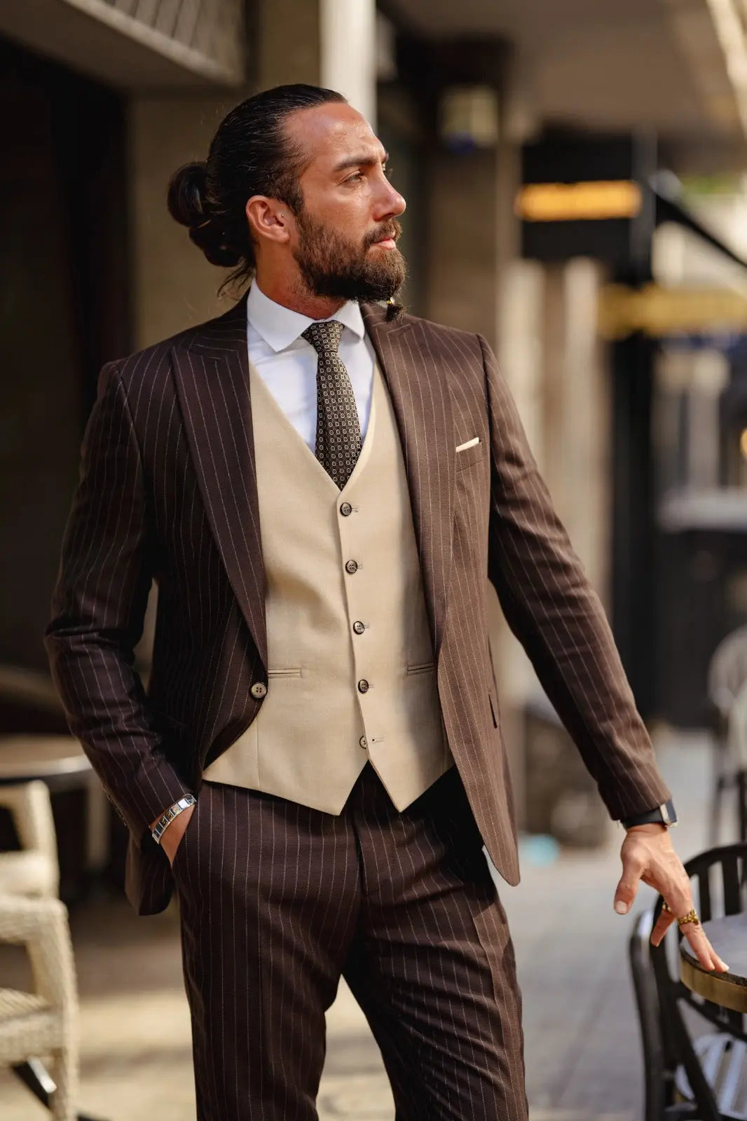Vespo Beige & Brown Combination Suit - Slim-Fit Three-Piece Elegance brabion