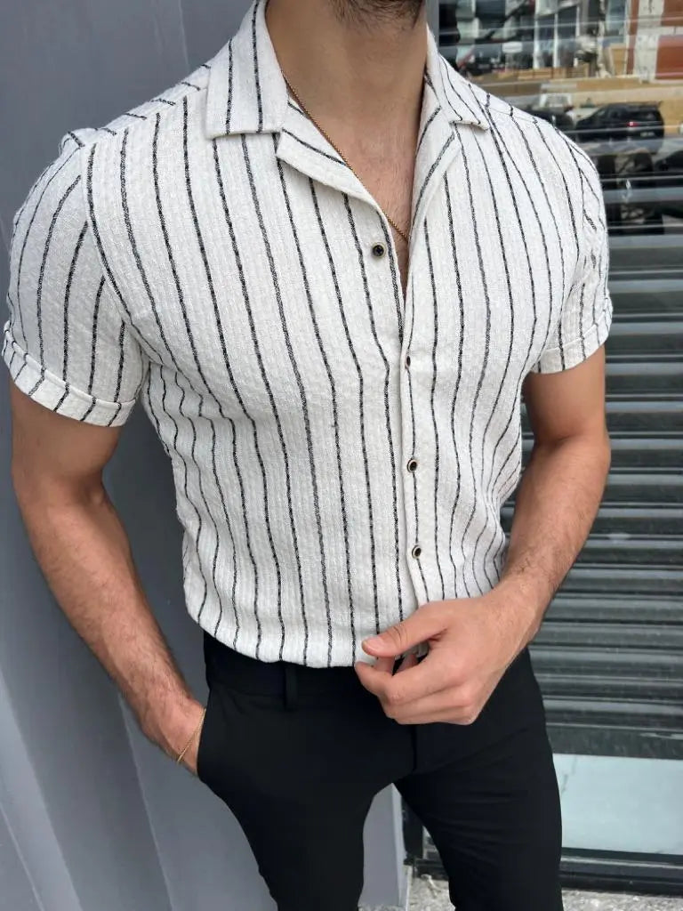 Brabion Lyon White Slim Fit Short Sleeve Striped Cotton Shirt - BRABION