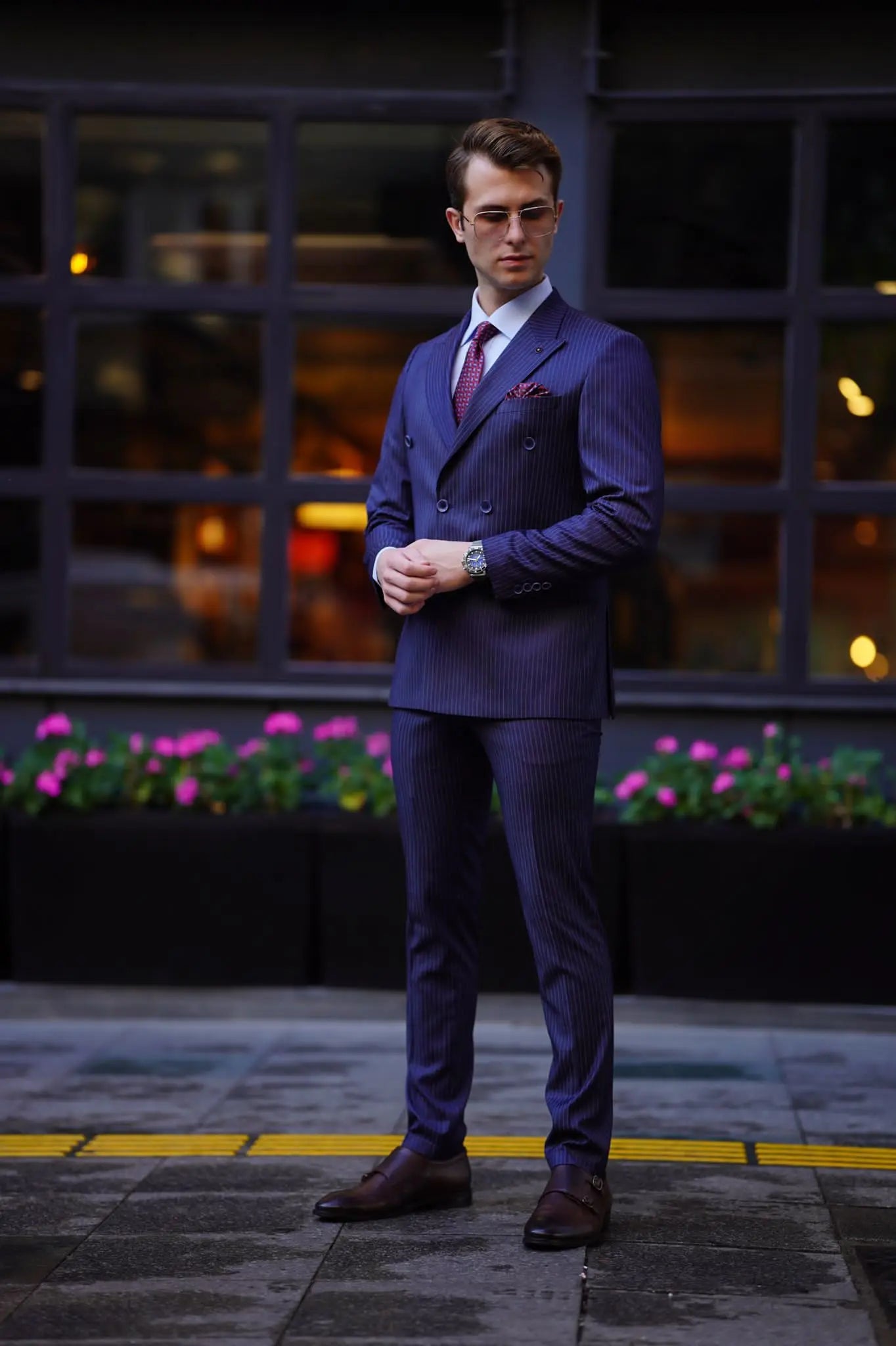Vespo Pinstripe Navy Blue Double Breasted Suit for Modern Men brabion