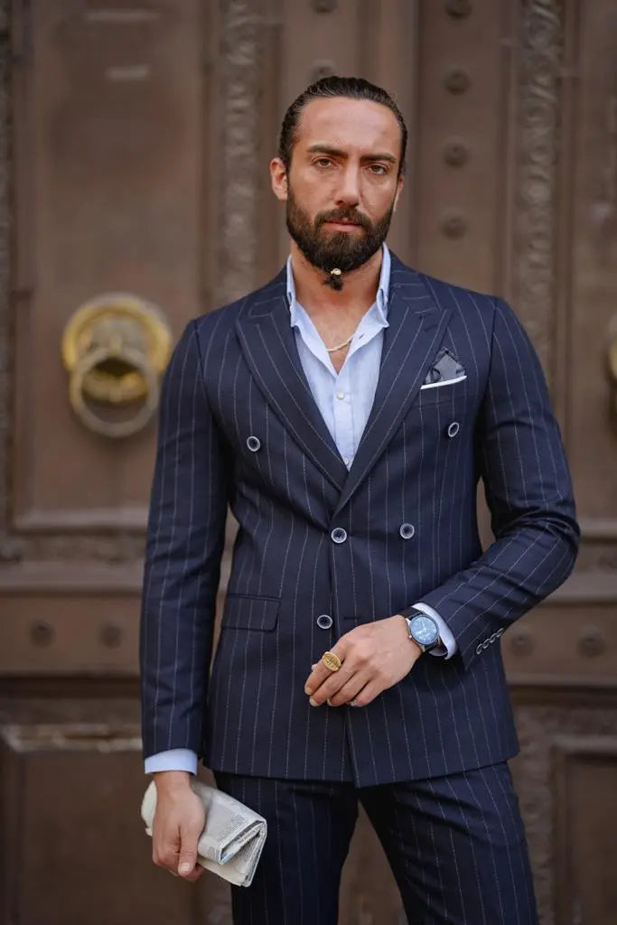 Evo Dark Blue Slim Fit Double Breasted Pinstripe Suit brabion