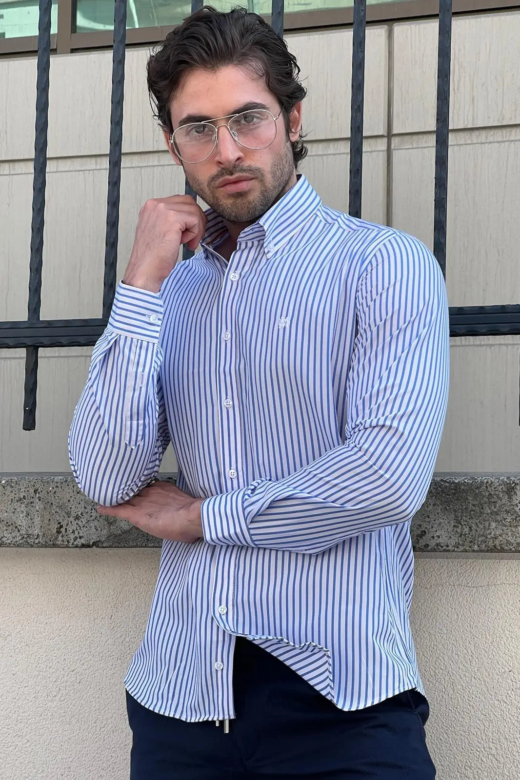 Brabion Daniel Striped White and Blue Slim Fit Shirt - BRABION