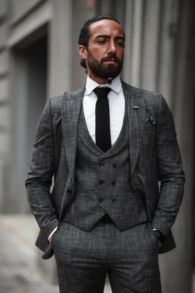 Evo Dark Gray Slim Fit Crosshatch Suit – Elevate Your Style brabion