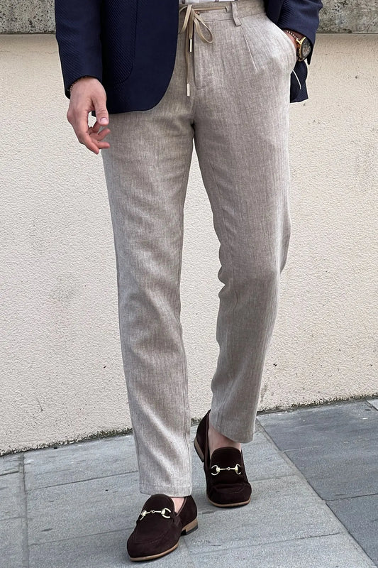 Daniel Beige Linen Pants - Slim Fit Elegance - BRABION