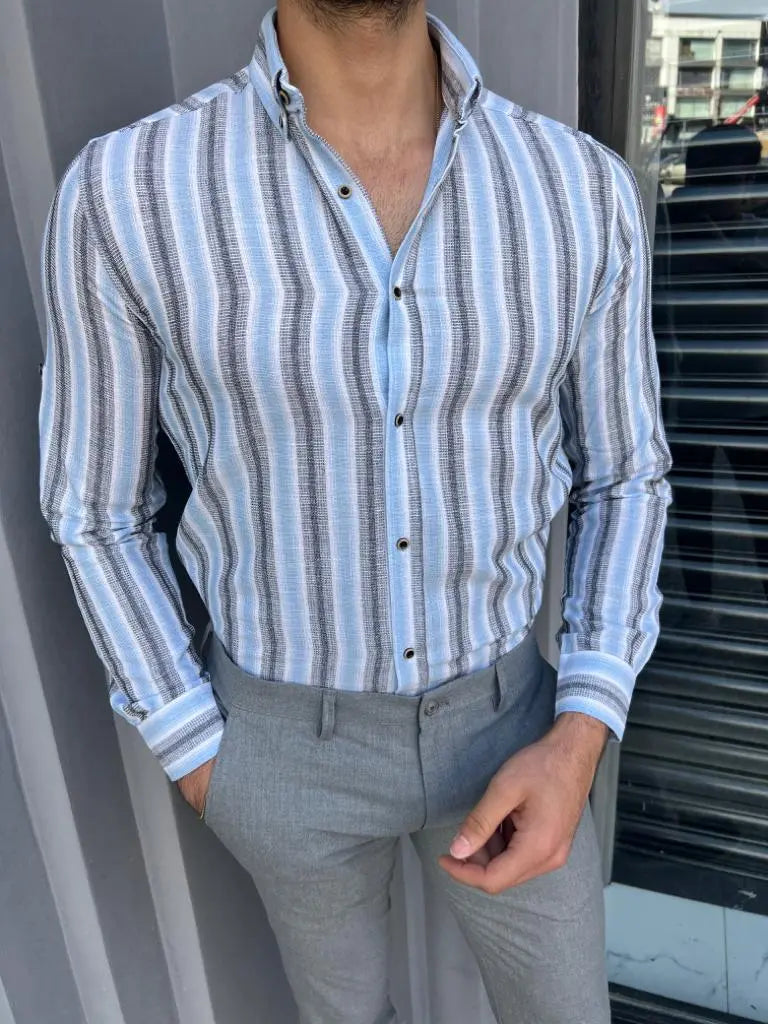 Brabion Lyon Blue Slim Fit Long Sleeve Striped Cotton Shirt - BRABION