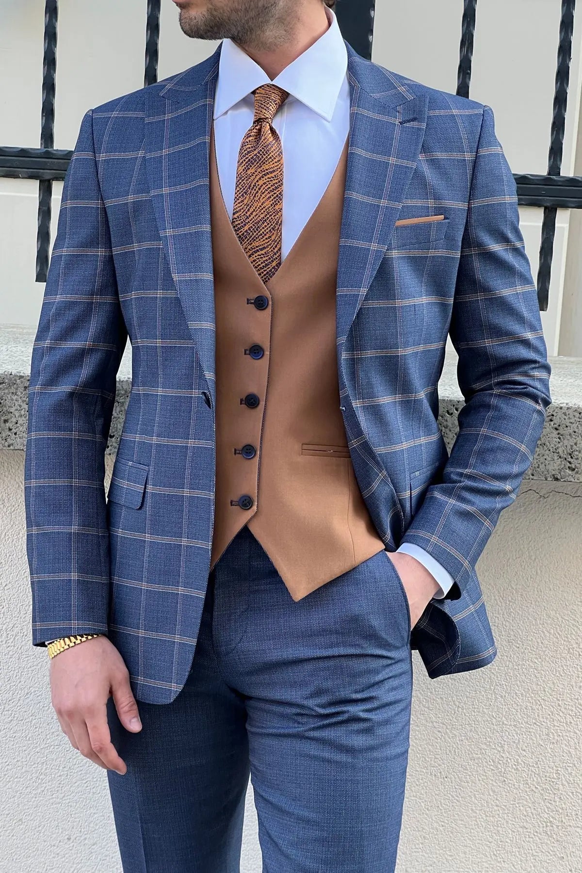 Daniel Navy Blue and Camel Slim-Fit Suit: A Timeless Classic for Every Occasion brabion