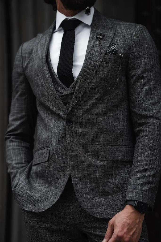 Evo Dark Gray Slim Fit Crosshatch Suit – Elevate Your Style brabion