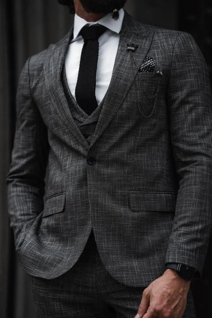 Evo Dark Gray Slim Fit Crosshatch Suit – Elevate Your Style brabion
