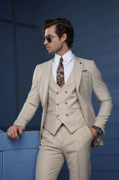 Daniel Slim Fit Cream Wool Suit - Three-Piece Elegance brabion