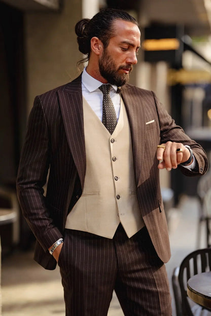 Vespo Beige & Brown Combination Suit - Slim-Fit Three-Piece Elegance brabion