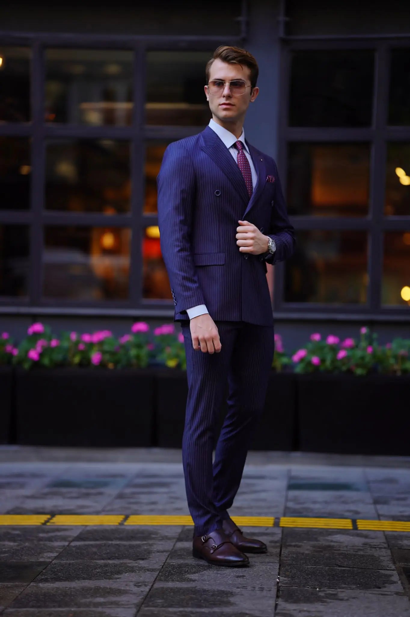 Vespo Pinstripe Navy Blue Double Breasted Suit for Modern Men brabion