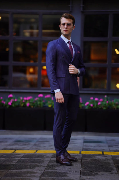 Vespo Pinstripe Navy Blue Double Breasted Suit for Modern Men brabion