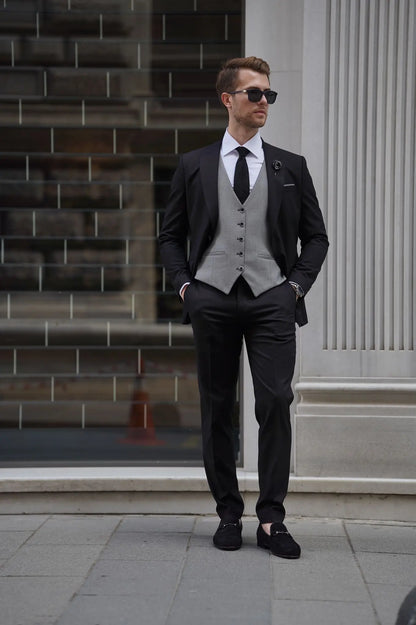 Daniel Black and Gray Wool Suit - Elegant Slim-Fit Three-Piece Ensemble brabion