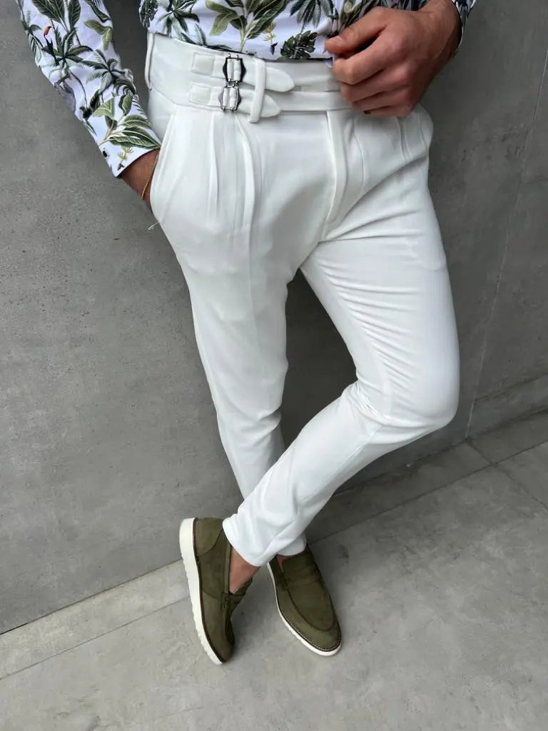 Lyon White Slim Fit Buckle Pants – Effortless Elegance - BRABION