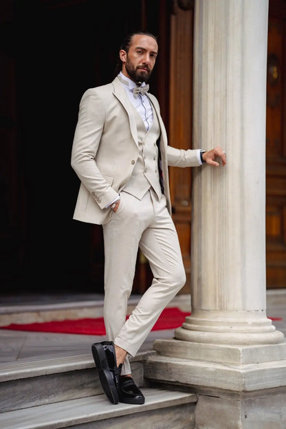 Daniel Beige Slim Fit Peak Lapel Tuxedo - BRABION