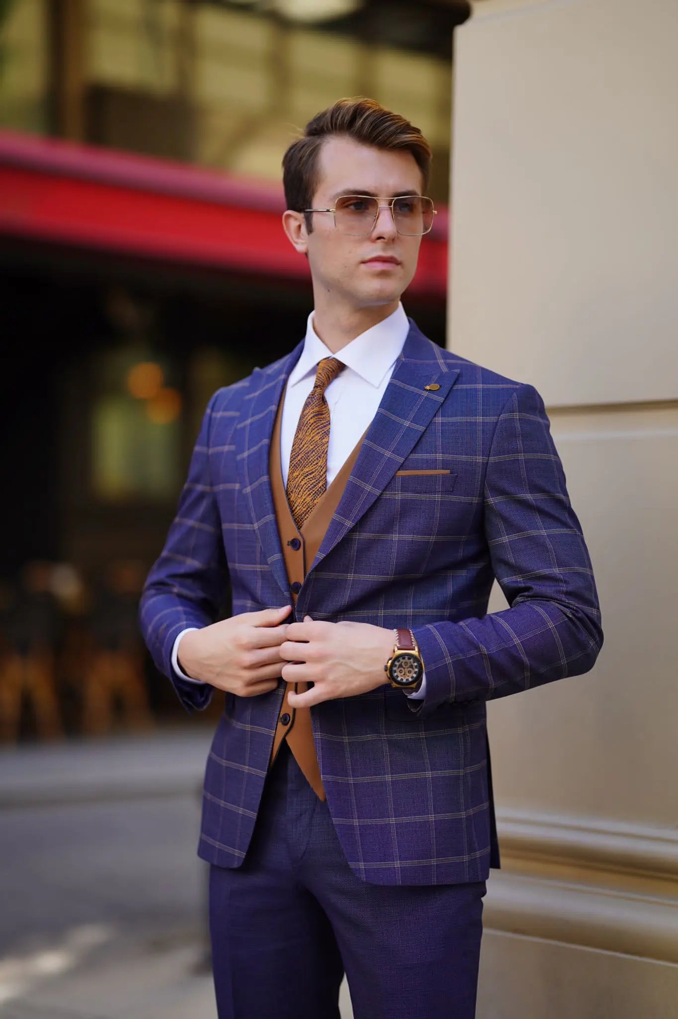 Vespo Navy Blue and Camel Slim-Fit Suit - Perfect for Any Occasion brabion