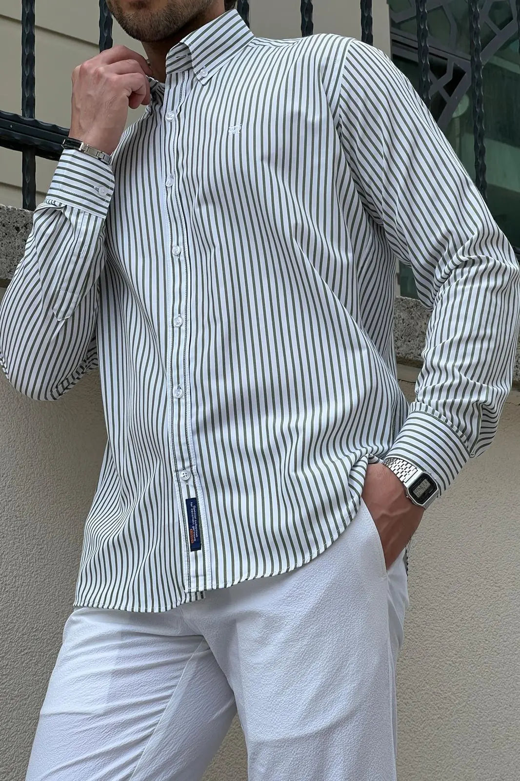 Brabion Daniel Striped White and Green Slim Fit Shirt - BRABION