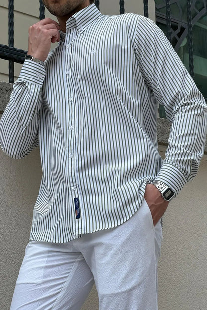 Brabion Daniel Striped White and Green Slim Fit Shirt - BRABION
