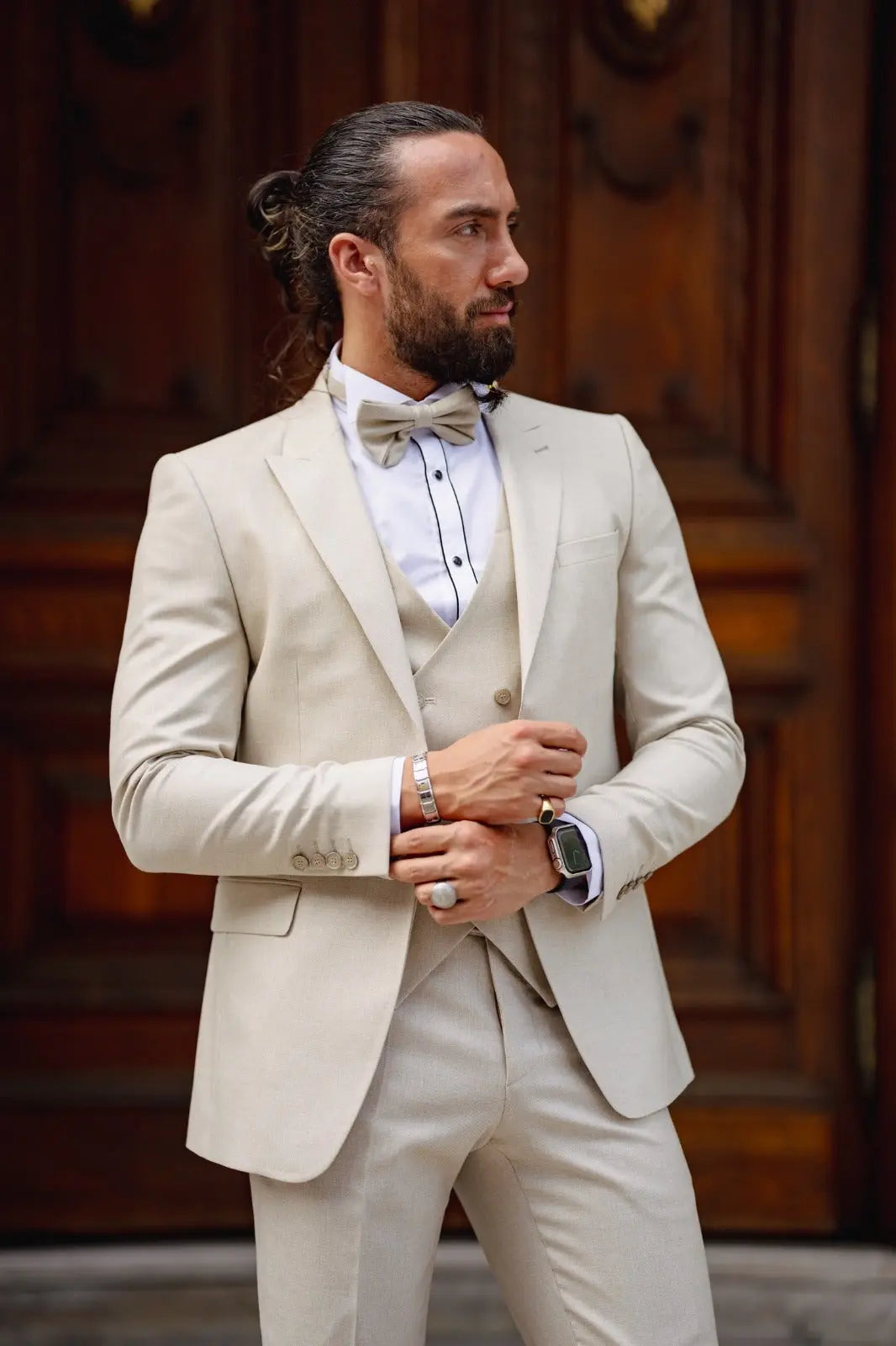 Daniel Beige Slim Fit Peak Lapel Tuxedo - BRABION