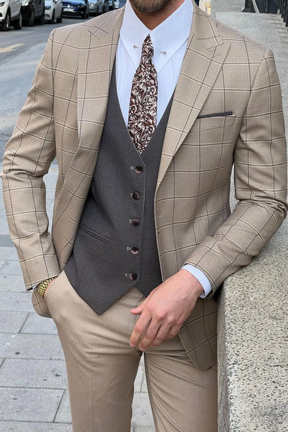 Daniel Patterned Beige Wool Suit - Slim-Fit 3-Piece Elegance brabion